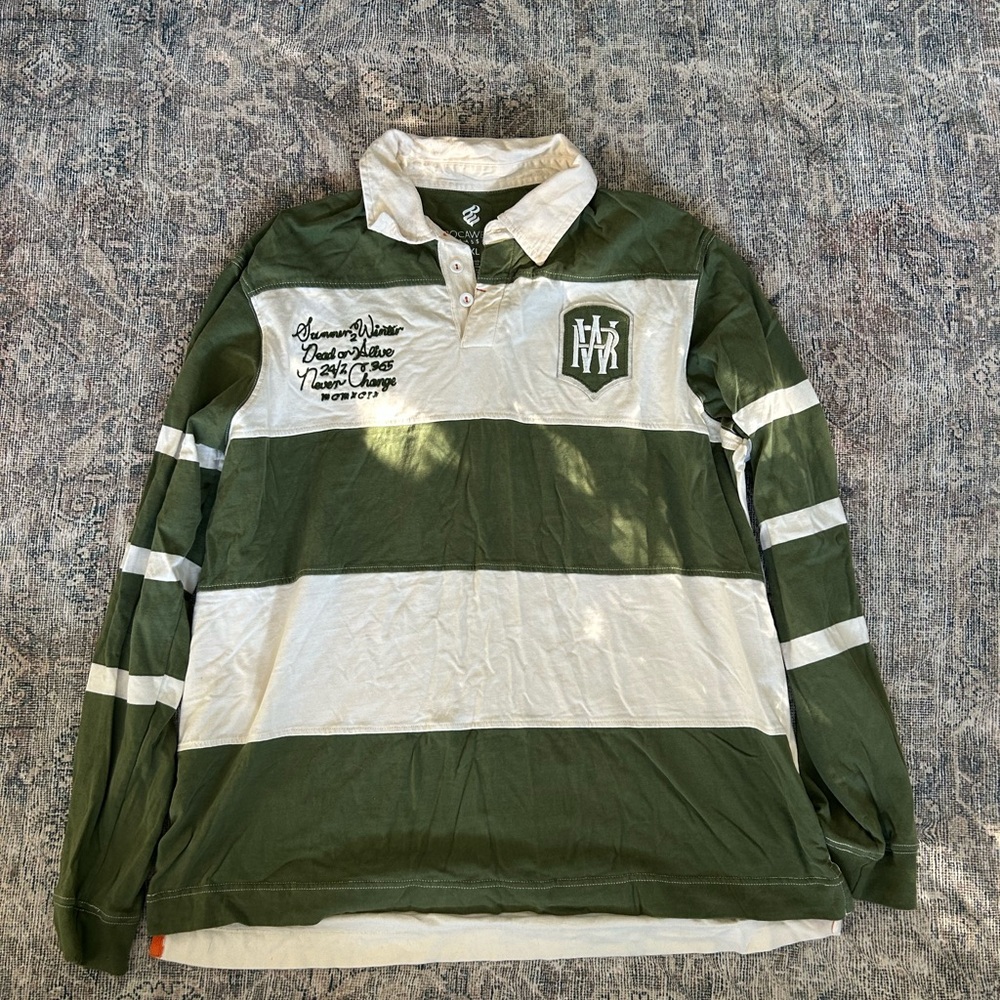 Green and White Striped Rugby Shirt